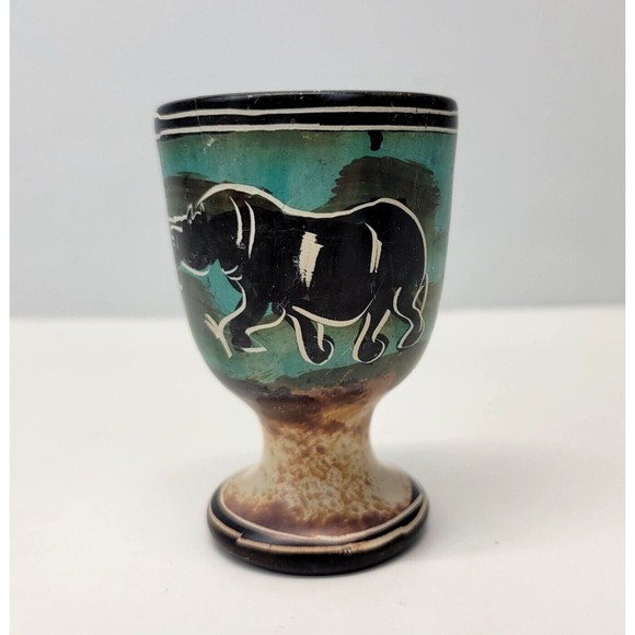 Vintage Stone Egg Cup Kenya Rhino Africa Safari Savanna Hand Carved Etched 3" - Picture 8 of 10